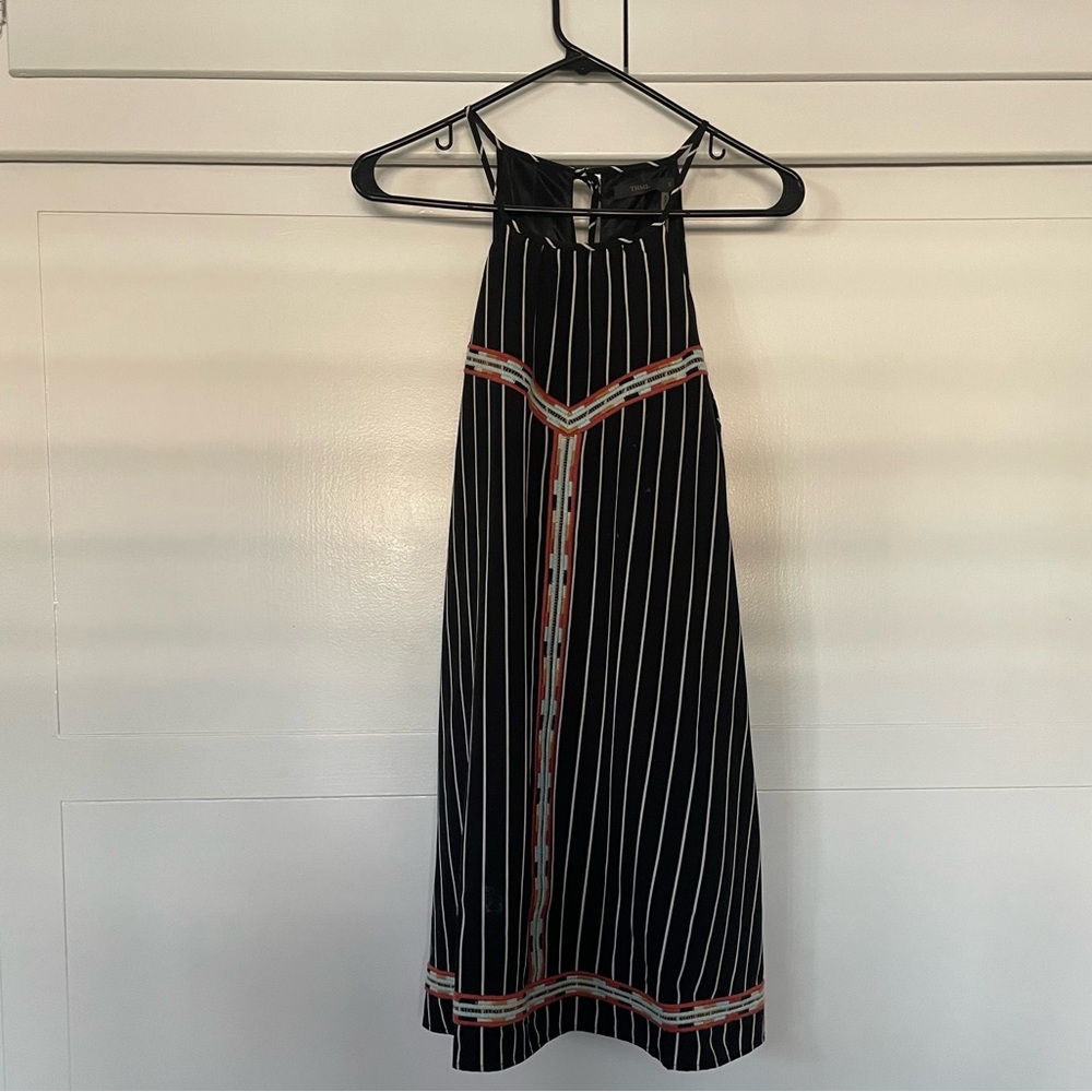 THML Black and White Striped Mini Dress with Native American style Embroidery